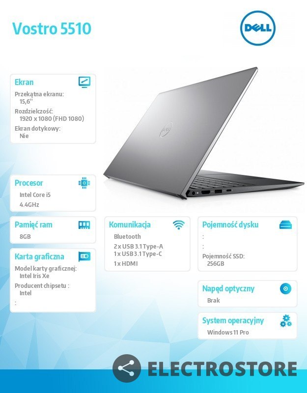 Dell Notebook Vostro 5510 Win11Pro i5-11320H/8GB/256GB SSD/15.6'' FHD/Intel Iris Xe/FgrPr/Cam & Mic/WLAN + BT/Backlit Kb/4 Cell/3Y BW