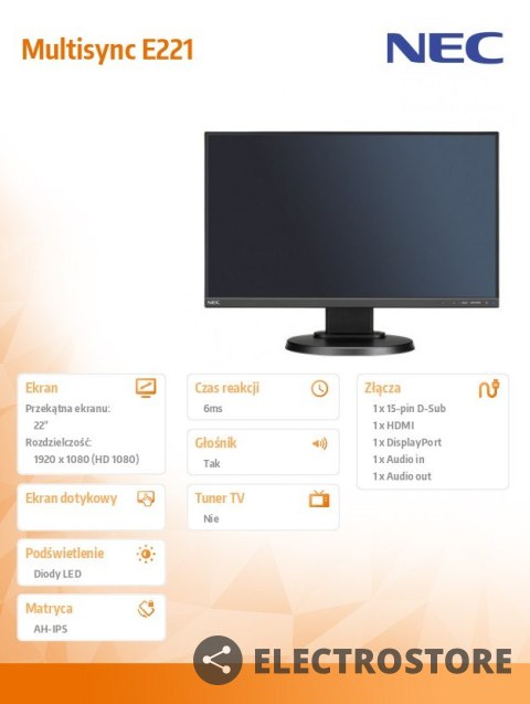 NEC Monitor Multisync E221N IPS DP HDMI Czarny NEC Monitor Multisync E221N IPS DP HDMI Czarny