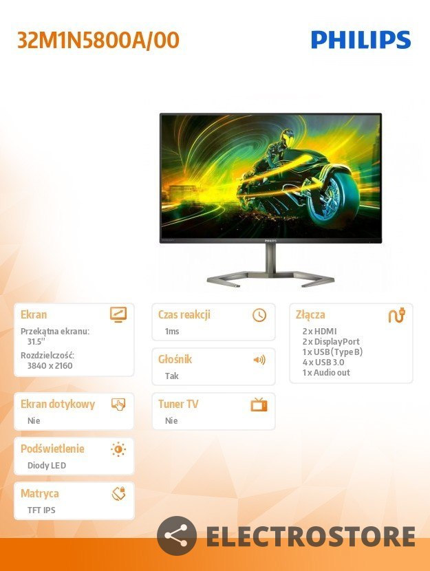 Philips Monitor 32M1N5800A 31.5 cala IPS 4K 144Hz HDMIx2 DPx2 Pivot Głośniki Philips Monitor 32M1N5800A 31.5 cala IPS 4K 144Hz HDMIx2 DPx2 Pivot Głośniki