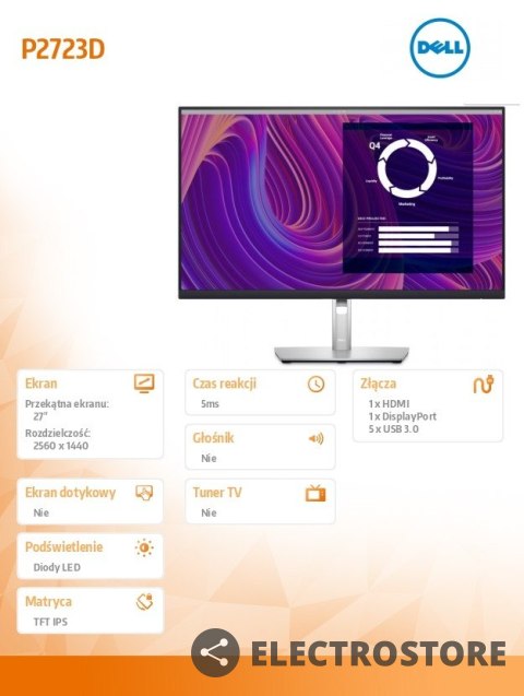 Dell Monitor P2723D 27 cali IPS LED QHD (2560x1440)/16:9/HDMI/DP/5xUSB 3.2/3Y AES Dell Monitor P2723D 27 cali IPS LED QHD (2560x1440)/16:9/HDMI/DP/5xUSB 3.2/3Y AES