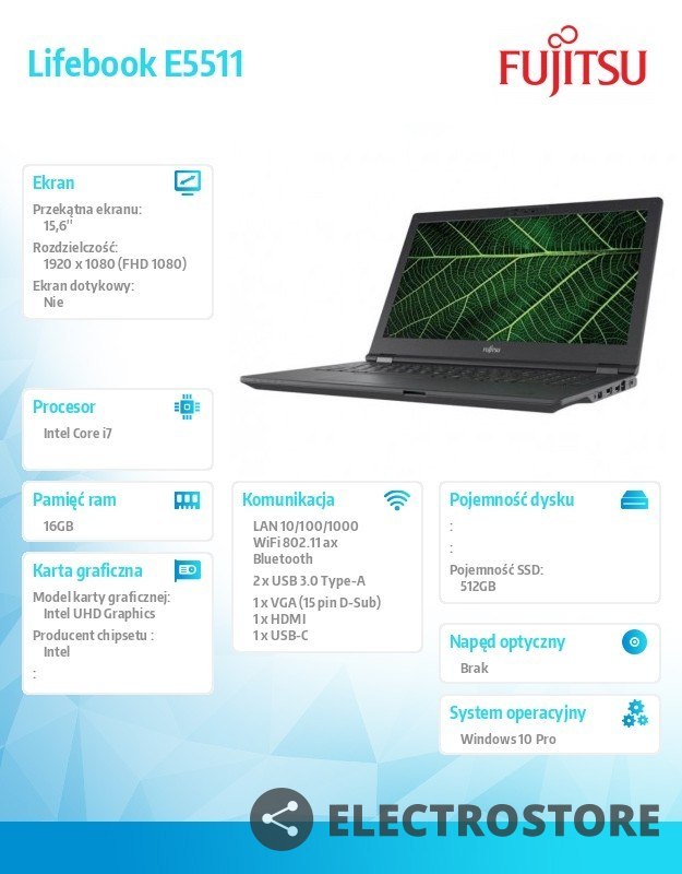 Fujitsu Notebook Lifebook E5511/W10P/15.6 i7-1165G7/16G/SSD512 M.2 PCK:E5511MF7AMPL