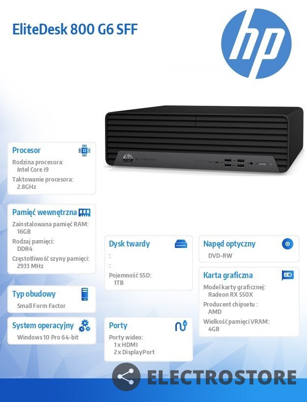 HP Inc. Komputer 800SFF G6 i9-10900 1TB/16/DVD/W10P 1D2Y3EA