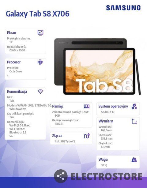 Samsung Tablet Galaxy Tab S8 11.0 X706 5G 8/128GB Szary Samsung Tablet Galaxy Tab S8 11.0 X706 5G 8/128GB Szary