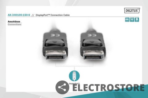 Digitus Kabel połączeniowy DisplayPort z zatrzaskami 1080p 60Hz FHD Typ DP/DP M/M czarny 15m Digitus Kabel połączeniowy DisplayPort z zatrzaskami 1080p 60Hz FHD Typ DP/DP M/M czarny 15m