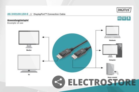 Digitus Kabel połączeniowy DisplayPort z zatrzaskami 1080p 60Hz FHD Typ DP/DP M/M czarny 15m Digitus Kabel połączeniowy DisplayPort z zatrzaskami 1080p 60Hz FHD Typ DP/DP M/M czarny 15m