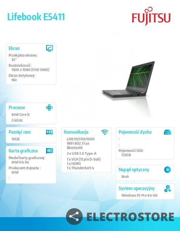 Fujitsu Notebook Lifebook E5411/W10P/14, i5-1135G7/2x8/SSD512M.2 PCK:E5411MF5FMPL