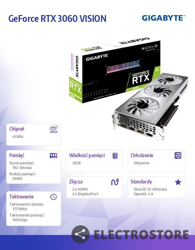 Gigabyte Karta graficzna GeForce RTX 3060 Vision OC 12GB GDDR6 192bit LHR 2DP/2HDMI