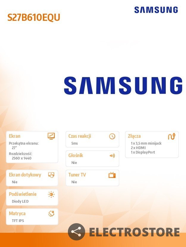 Samsung Monitor 27 cali LS27B610EQUXEN IPS 2560x1440 WQHD 16:9 2xHDMI 1xDP 5ms HAS+PIVOT płaski 3Y
