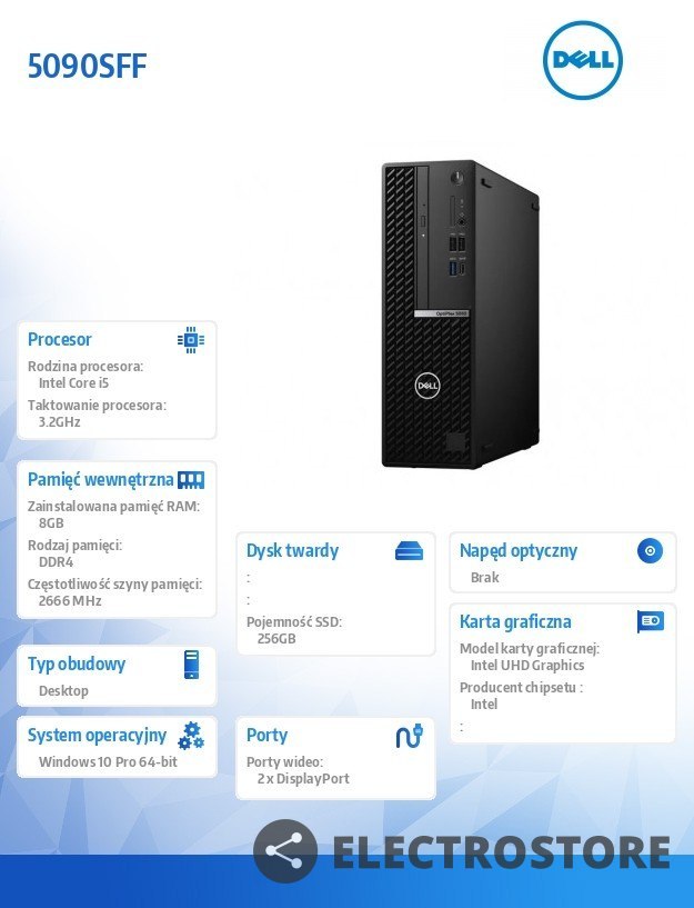 Dell Komputer Optiplex 5090 SFF/Core i5-10505/8GB/256GB SSD/Integrated/DVD RW/No Wifi/Kb/Mouse/W11Pro/