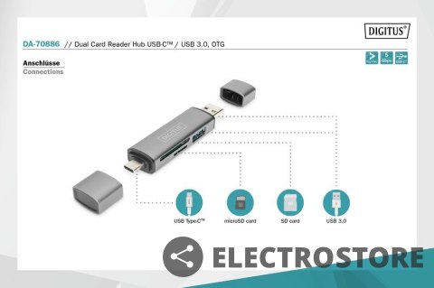 Digitus Czytnik kart 3-portowy USB Typ C/ USB 3.0 SuperSpeed SD Micro SD HQ aluminium Szary Digitus Czytnik kart 3-portowy USB Typ C/ USB 3.0 SuperSpeed SD Micro SD HQ aluminium Szary