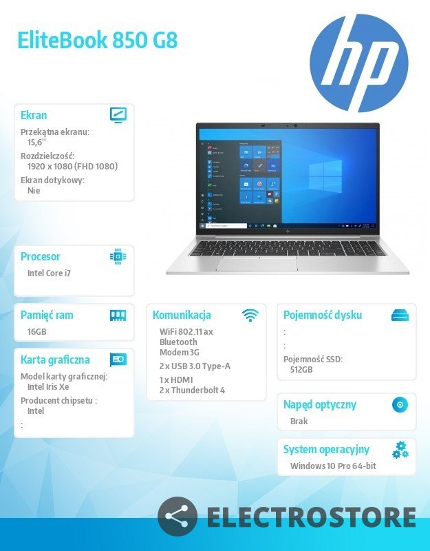 HP Inc. Notebook EliteBook 850 G8 i7-1165G7 512/16/W10P/15,6 3C7Z7EA