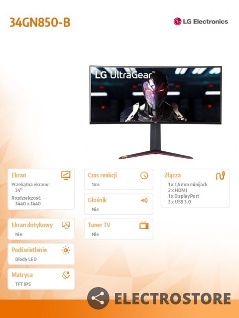 LG Electronics Monitor 34 cale 34GN850-B 21:9 NanoIPS Curved 160Hz(OC) LG Electronics Monitor 34 cale 34GN850-B 21:9 NanoIPS Curved 160Hz(OC)