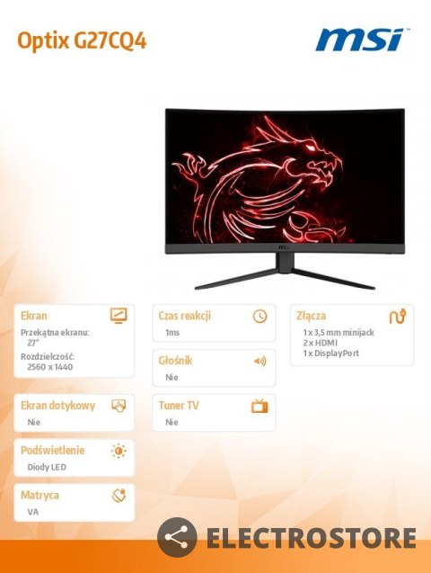 MSI Monitor 27 cali Optix G27CQ4 Curved/LED/QHD/NonTouch/165Hz/czarny MSI Monitor 27 cali Optix G27CQ4 Curved/LED/QHD/NonTouch/165Hz/czarny