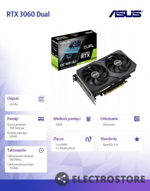 Asus Karta graficzna GeForce RTX 3060 DUAL OC V2 12GB GDDR6 192bit 3DP/HDMI Asus Karta graficzna GeForce RTX 3060 DUAL OC V2 12GB GDDR6 192bit 3DP/HDMI