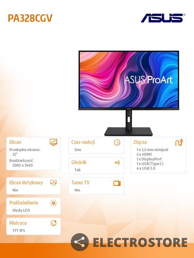 Asus Monitor 32 cale PA328CGV PROART IPS WQHD 165Hz 100% sRGB HDR600 100MLN:1 600cd/m2 HDMI DP USB USB-C Głośnik PIVOT Asus Monitor 32 cale PA328CGV PROART IPS WQHD 165Hz 100% sRGB HDR600 100MLN:1 600cd/m2 HDMI DP USB USB-C Głośnik PIVOT