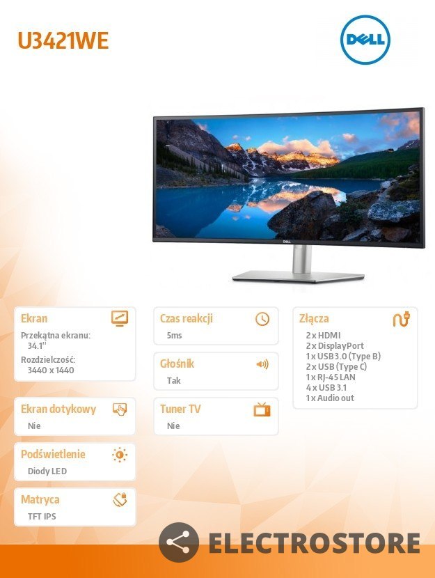Dell Monitor U3421WE 34 cali IPS LE 21:9 WQHD(3440x1440)/3Y Dell Monitor U3421WE 34 cali IPS LE 21:9 WQHD(3440x1440)/3Y