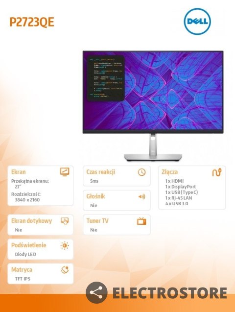 Dell Monitor P2723QE 27 cali IPS LED 4K (3840x2160)/16:9/HDMI/DP/USB-C/4xUSB 3.2 /RJ45/3Y AES Dell Monitor P2723QE 27 cali IPS LED 4K (3840x2160)/16:9/HDMI/DP/USB-C/4xUSB 3.2 /RJ45/3Y AES