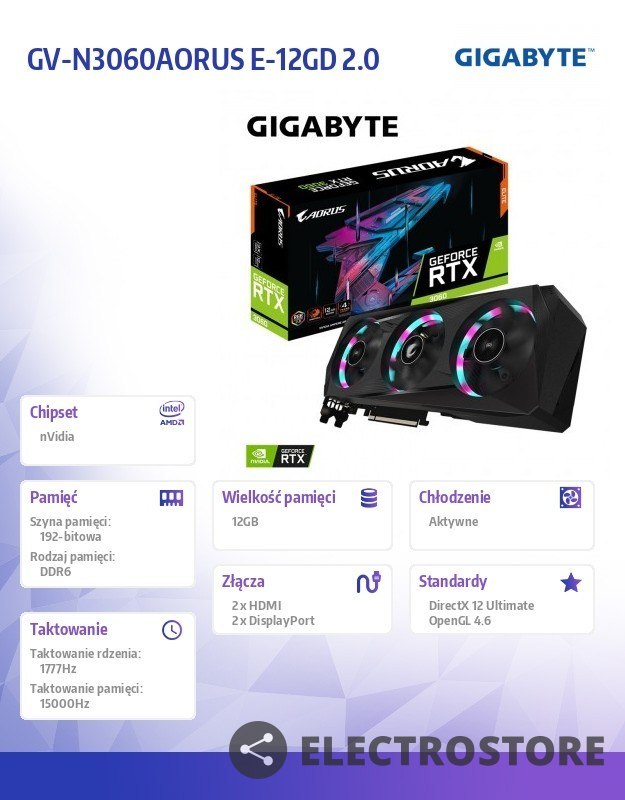 Gigabyte Karta graficzna GeForce RTX 3060 Aorus ELITE 12GB GDDR6 192bit LHR 2DP/2HDMI