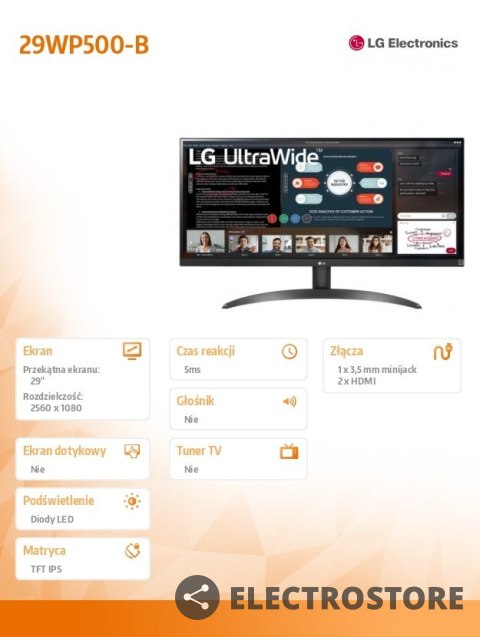 LG Electronics Monitor 29WP500-B 29 cali UltraWide FHD HDR Freesync LG Electronics Monitor 29WP500-B 29 cali UltraWide FHD HDR Freesync