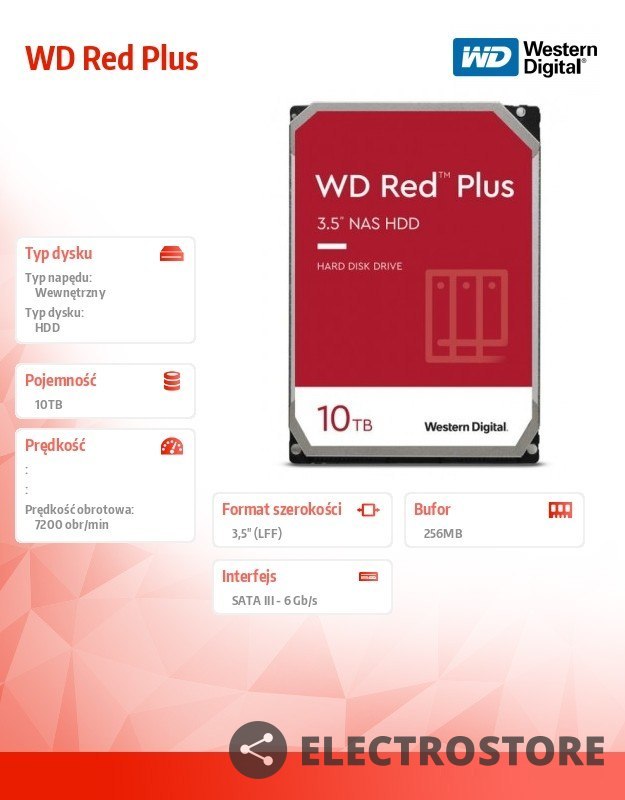 Western Digital Dysk HDD Red Plus 10TB 3,5'' CMR 256MB/7200RPM Class
