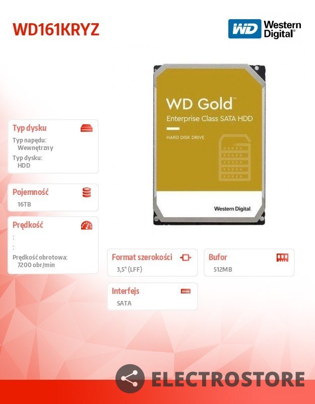 Western Digital Dysk HDD WD GOLD Enterprise 16TB 3,5 SATA 256MB 7200rpm