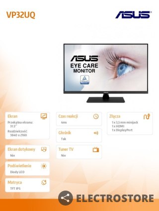 Asus Monitor 32 cale VP32UQ IPS UHD 4K 16:9 sRGB:100% 4ms/100MLN:1/350cd/m2 HDMI DP Głośnik VESA