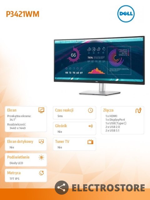 Dell Monitor P3421W 34 cale IPS Curved WQHD (3440x1440)/21:9/HDMI/DP/USB-C/USB/3Y Dell Monitor P3421W 34 cale IPS Curved WQHD (3440x1440)/21:9/HDMI/DP/USB-C/USB/3Y