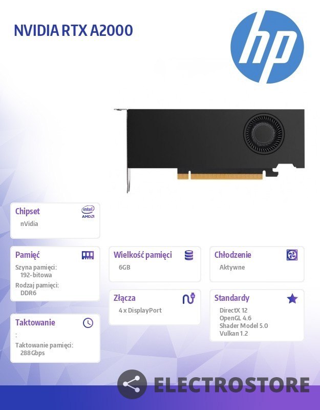 HP Inc. Karta graficzna NVIDIA RTX A2000 6GB 4mDP GFX 340L0AA HP Inc. Karta graficzna NVIDIA RTX A2000 6GB 4mDP GFX 340L0AA