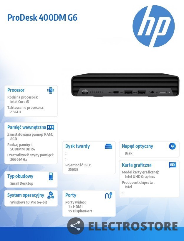 HP Inc. Komputer ProDesk 400DM G6 i5-10500T 256/8G/W10P 1C6Y8EA
