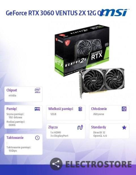 MSI Karta graficzna GeForce RTX 3060 VENTUS 2X OC 12GB GDDR6 192bit 3DP/HDMI MSI Karta graficzna GeForce RTX 3060 VENTUS 2X OC 12GB GDDR6 192bit 3DP/HDMI