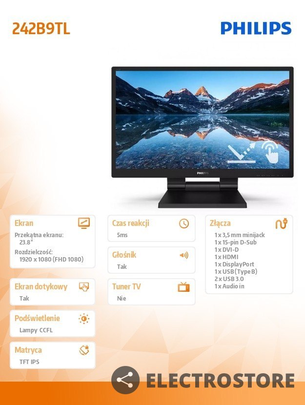 Philips Monitor 23.8 cali 242B9TL IPS Touch DVI HDMI DP