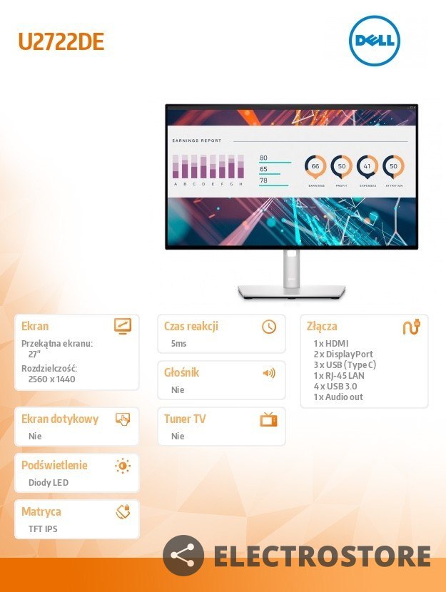 Dell Monitor U2722DE 27 LED QHD/HDMI/DP/USB-C/RJ-45