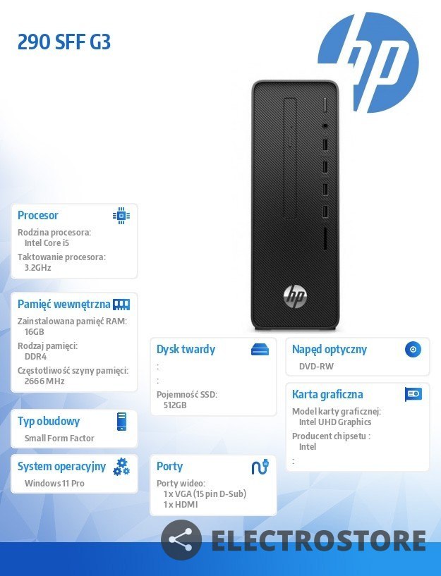 HP Inc. Komputer 290 SFF G3 i5-10505 512/16G/DVD/W11P 6B225EA