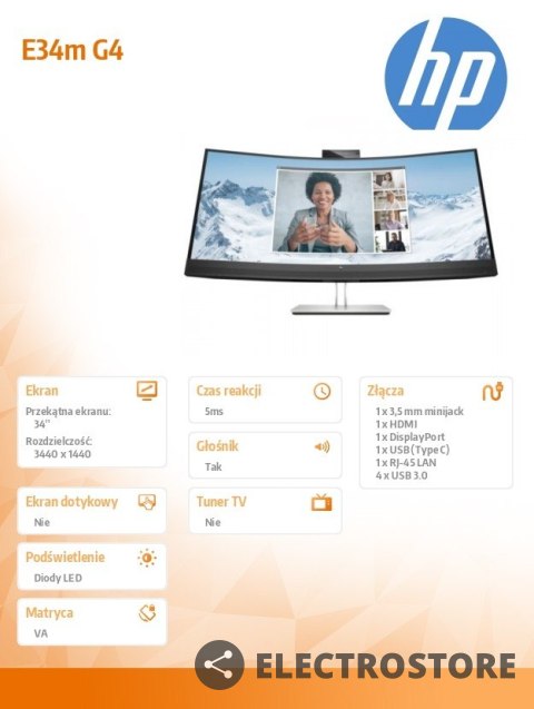 HP Inc. Monitor konferencyjny z zakrzywionym ekranem E34m G4 USB-C WQHD 40Z26AA HP Inc. Monitor konferencyjny z zakrzywionym ekranem E34m G4 USB-C WQHD 40Z26AA