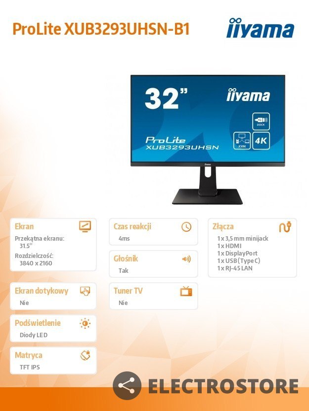 IIYAMA Monitor 32 cale XUB3293UHSN-B1,IPS,4K,USB-C DOCK,KVM,SLIM,2X3W,RJ45