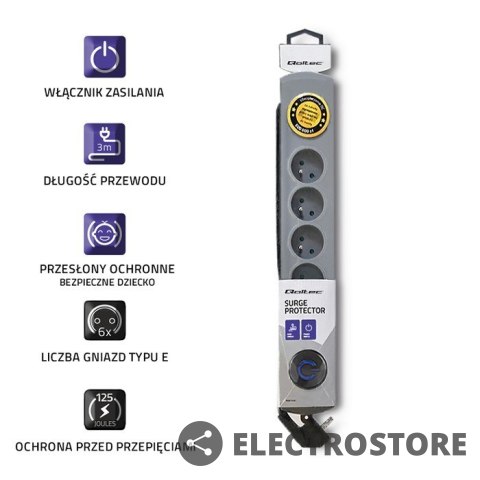 Qoltec Listwa antyprzepięciowa Quick Switch, 6 gniazd, 3m, szara Qoltec Listwa antyprzepięciowa Quick Switch, 6 gniazd, 3m, szara