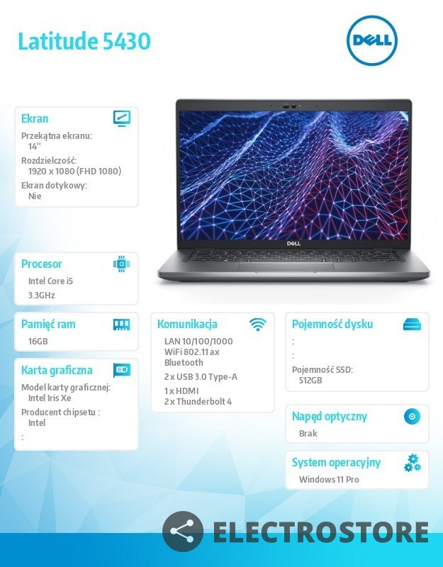 Dell Notebook Latitude 5430 Win11Pro i5-1235U/16GB/512GB SSD/14.0" FHD/Intel Iris Xe/ThBlt & FgrPr & SmtCd/Cam & Mic/WLAN + BT/Backli