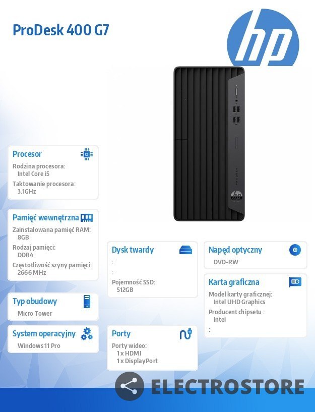 HP Inc. Komputer ProDesk 400MT G7 i5-10500 512GB/8GB/DVD/W11P 5U544EA HP Inc. Komputer ProDesk 400MT G7 i5-10500 512GB/8GB/DVD/W11P 5U544EA