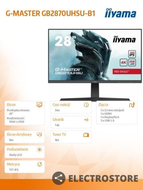 IIYAMA Monitor 28 cali GB2870UHSU 4K, HDMI, DP, 150Hz, USB3.0, HAS, HDR400, 2x2W IIYAMA Monitor 28 cali GB2870UHSU 4K, HDMI, DP, 150Hz, USB3.0, HAS, HDR400, 2x2W