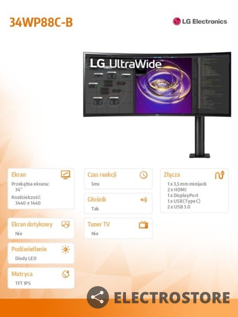 LG Electronics Monitor 34WP88C-B 34 cale QHD UltraWide AMD FreeSync LG Electronics Monitor 34WP88C-B 34 cale QHD UltraWide AMD FreeSync