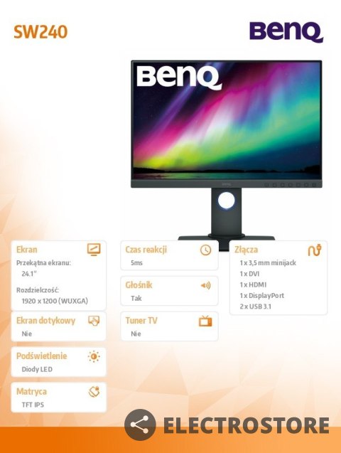 Benq Monitor 24 cale SW240 LED IPS 5ms/20mln:1/HDMI Benq Monitor 24 cale SW240 LED IPS 5ms/20mln:1/HDMI