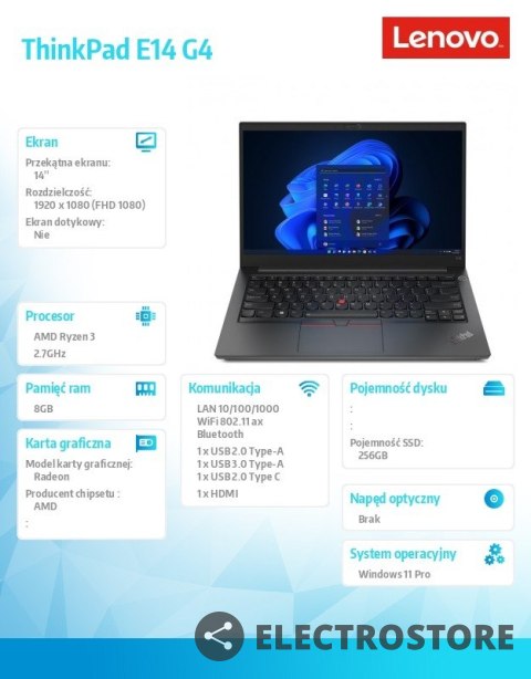 Lenovo Laptop ThinkPad E14 G4 21EB007QPB W11Pro 5425U/8GB/256GB/INT/14.0FHD/Black/1YR Premier Support + 3 YRS OS Lenovo Laptop ThinkPad E14 G4 21EB007QPB W11Pro 5425U/8GB/256GB/INT/14.0FHD/Black/1YR Premier Support + 3 YRS OS