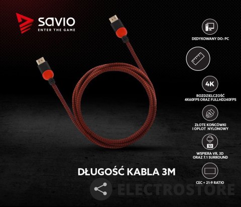 Savio Kabel HDMI 2.0 czerwono-czarny 3 m, GCL-04 Savio Kabel HDMI 2.0 czerwono-czarny 3 m, GCL-04