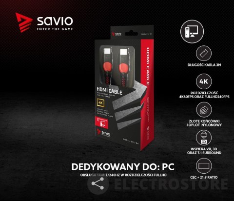 Savio Kabel HDMI 2.0 czerwono-czarny 3 m, GCL-04 Savio Kabel HDMI 2.0 czerwono-czarny 3 m, GCL-04