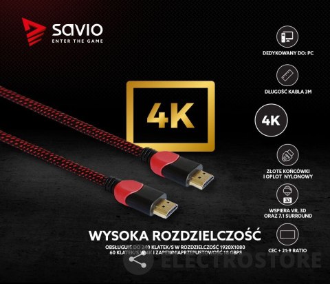 Savio Kabel HDMI 2.0 czerwono-czarny 3 m, GCL-04 Savio Kabel HDMI 2.0 czerwono-czarny 3 m, GCL-04