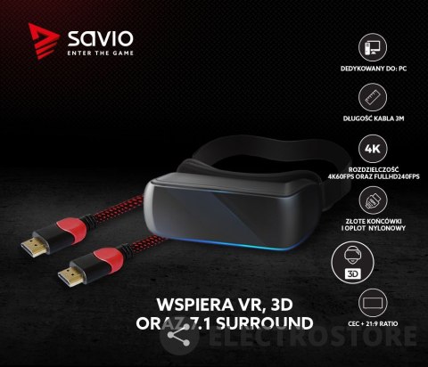 Savio Kabel HDMI 2.0 czerwono-czarny 3 m, GCL-04 Savio Kabel HDMI 2.0 czerwono-czarny 3 m, GCL-04