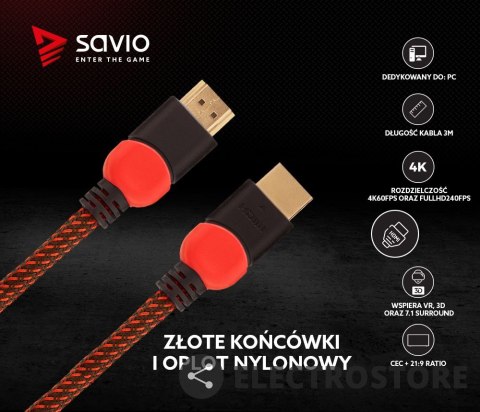 Savio Kabel HDMI 2.0 czerwono-czarny 3 m, GCL-04 Savio Kabel HDMI 2.0 czerwono-czarny 3 m, GCL-04