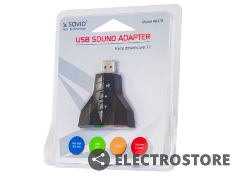 Savio Karta dźwiękowa USB 7w1, dźwięk Virtual 7.1CH, Plug & Play, blister, AK-08 Savio Karta dźwiękowa USB 7w1, dźwięk Virtual 7.1CH, Plug & Play, blister, AK-08