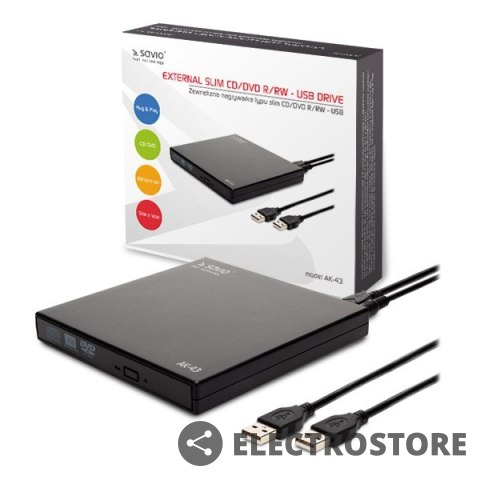 Savio Zewnętrzny napęd - nagrywarka typu SLIM CD/DVD R/RW - USB SAVIO AK-43 Savio Zewnętrzny napęd - nagrywarka typu SLIM CD/DVD R/RW - USB SAVIO AK-43