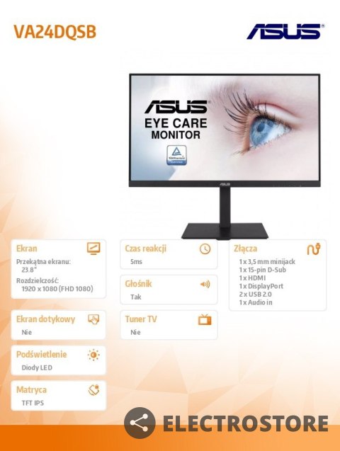 Asus Monitor 23.8 cali VA24DQSB Eye Care Full HD, IPS, Framele Asus Monitor 23.8 cali VA24DQSB Eye Care Full HD, IPS, Framele